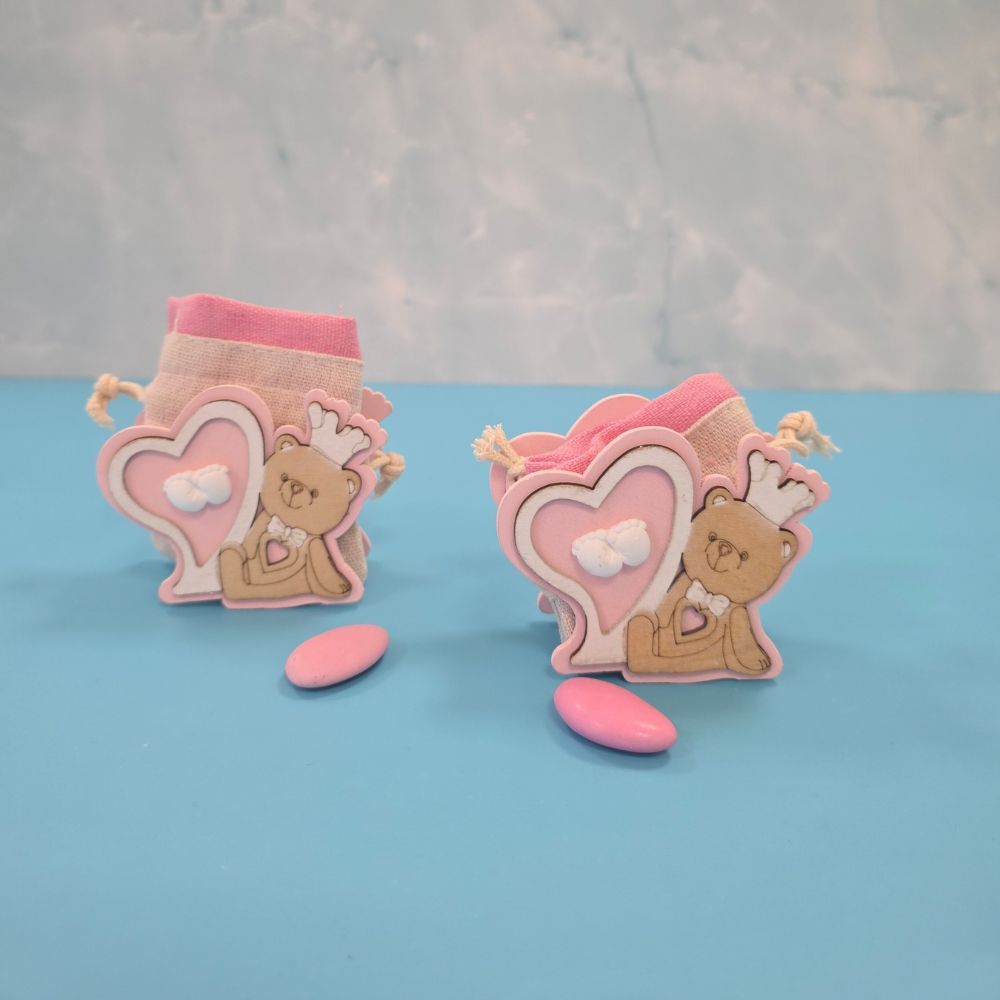 Portaconfetti Bomboniera Nascita Cuore Orsetto - Rosa