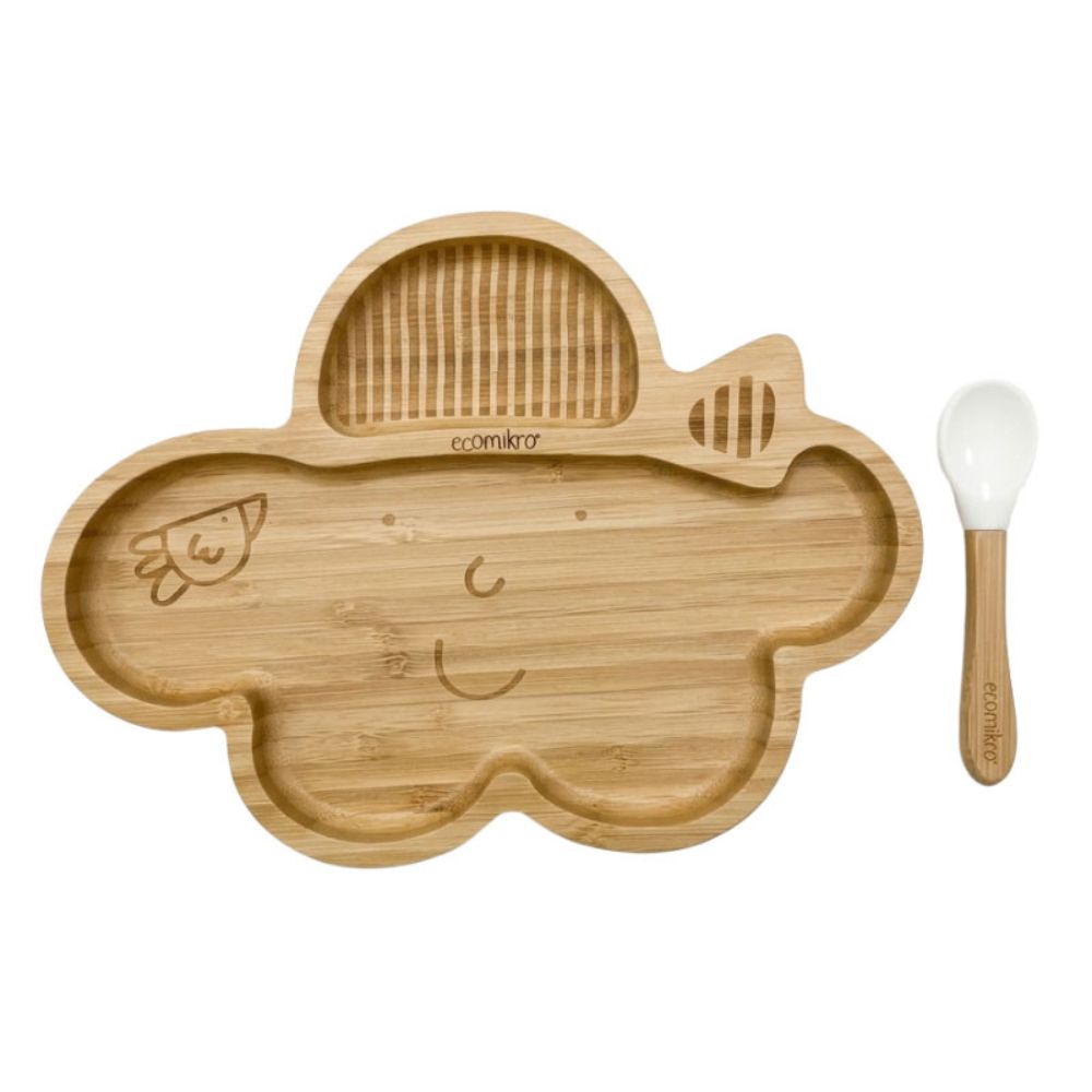 Piatto in Bamboo con Ventosa e Cucchiaio - Nuvola - Bianco