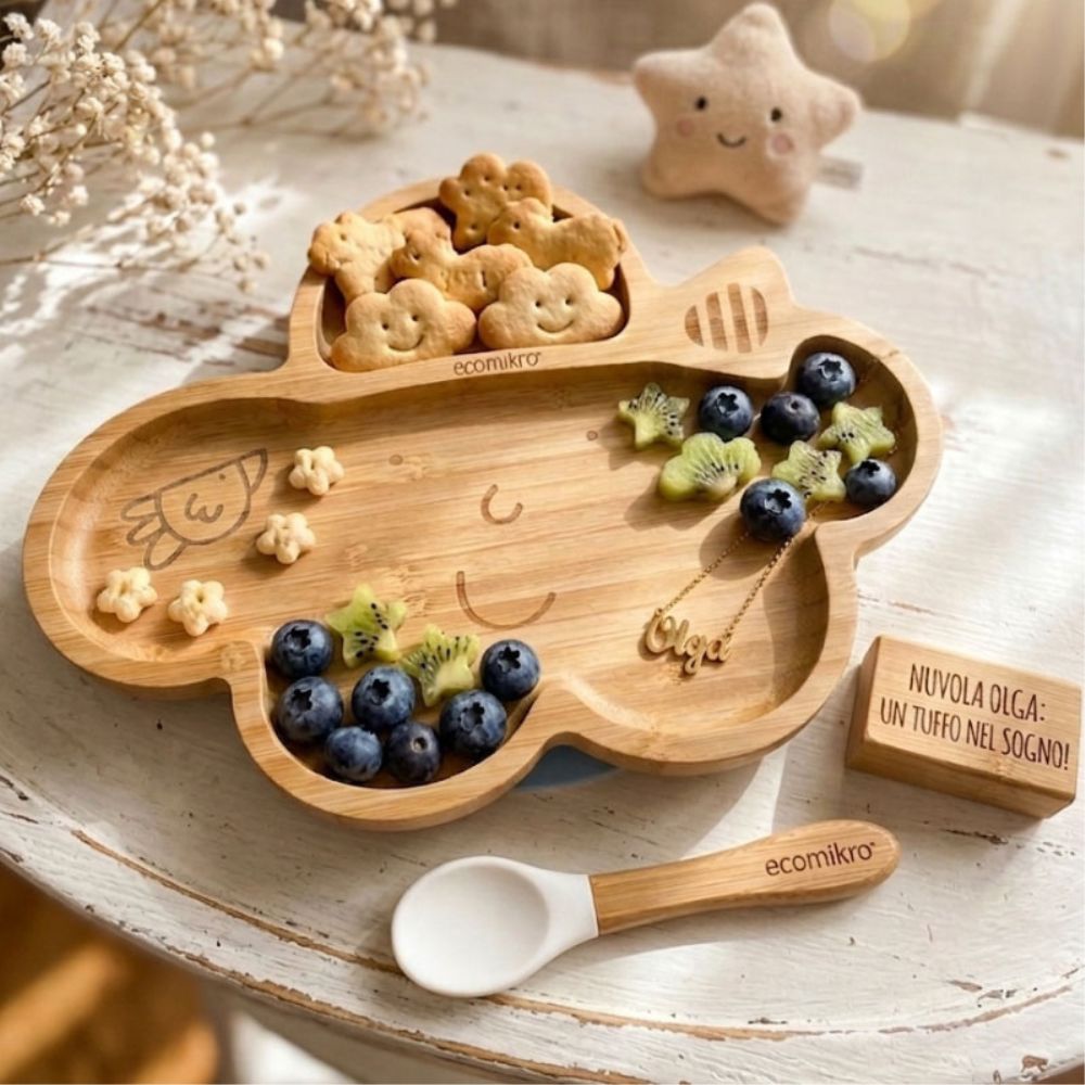 Piatto in Bamboo con Ventosa e Cucchiaio - Nuvola - Grigio