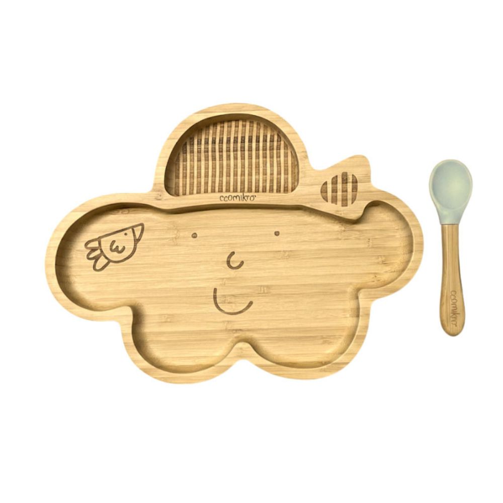 Piatto in Bamboo con Ventosa e Cucchiaio - Nuvola - Grigio