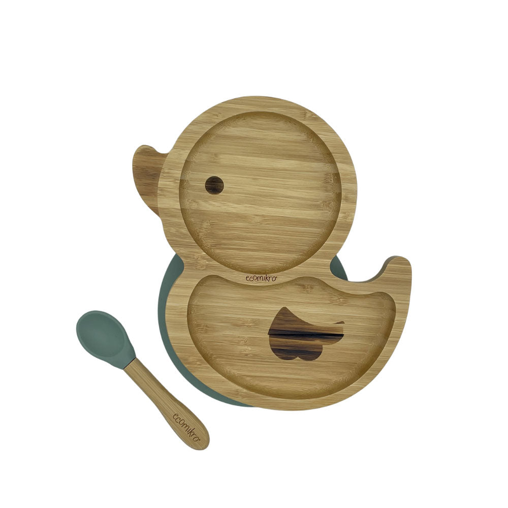 Piatto in Bamboo con Ventosa e Cucchiaio - Papera Verde