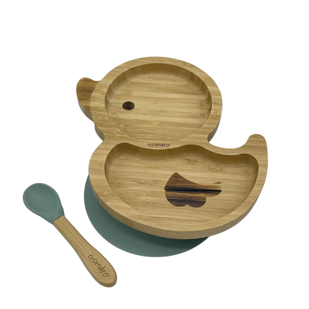 Piatto in Bamboo con Ventosa e Cucchiaio - Papera Verde