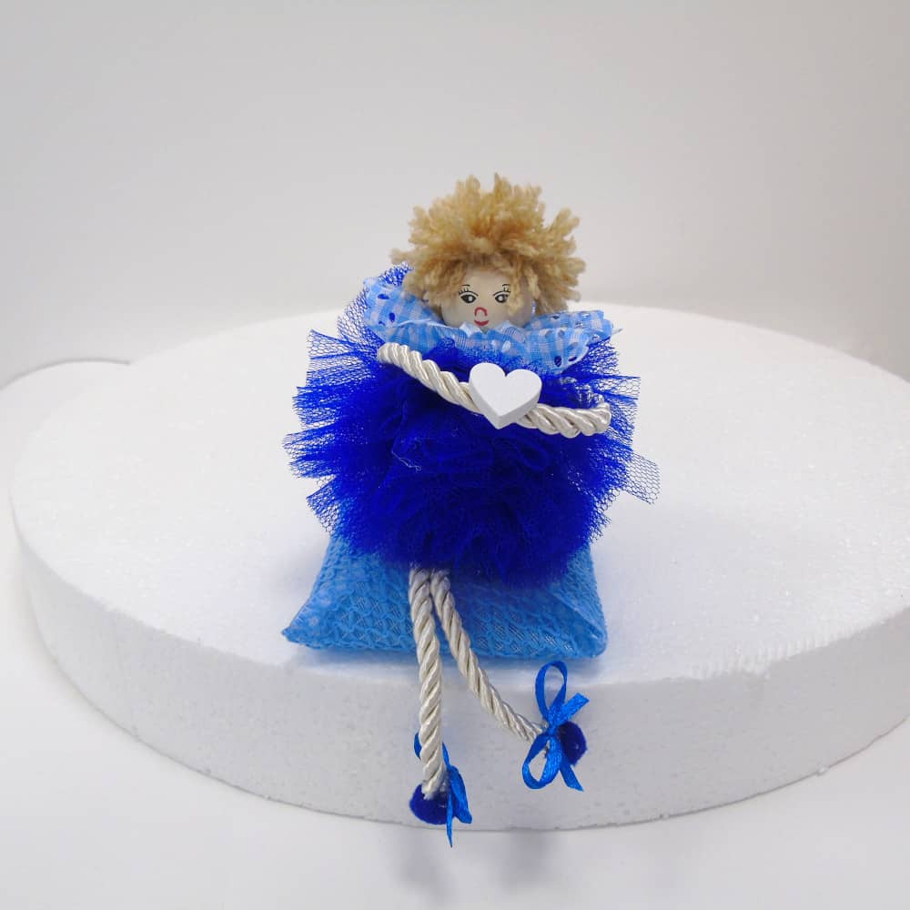 BOMBONIERE PUPAZZO BAMBOLA FATTA A MANO NASCITA BATTESIMO BIMBO - blu
