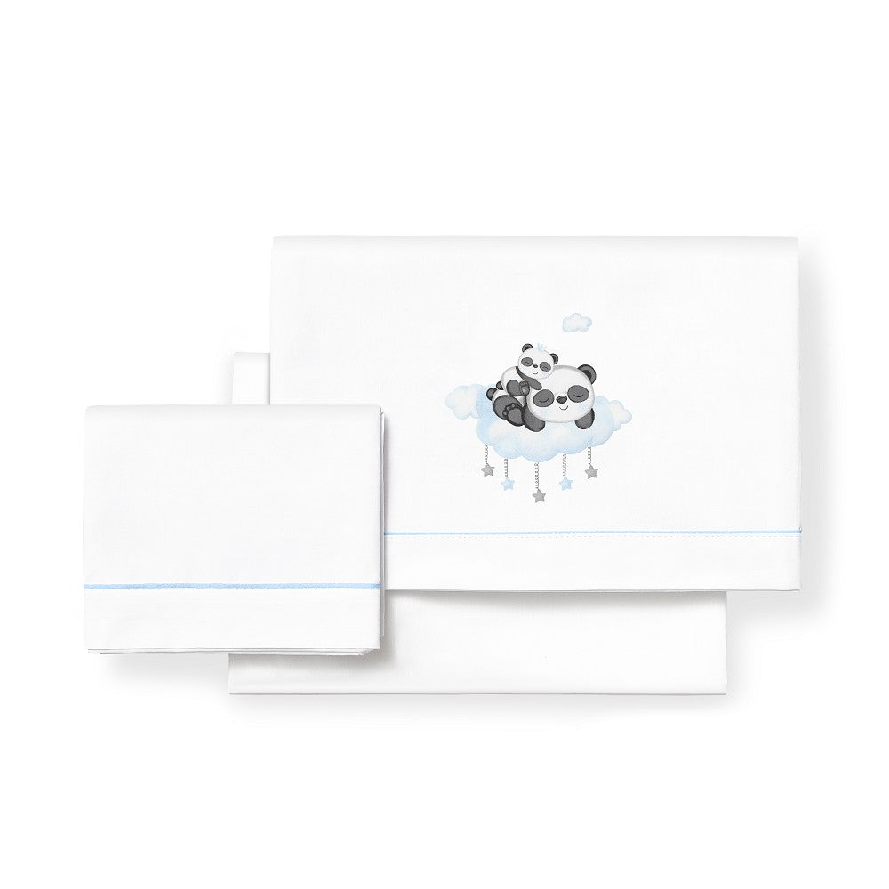 Completo lenzuola lettino con Sbarre - Panda - Bianco Celeste