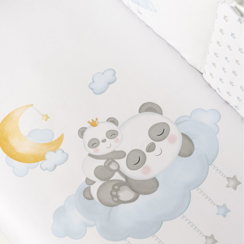 Set Piumone e Paracolpi Lettino con Sbarre - Panda - Celeste - stampa