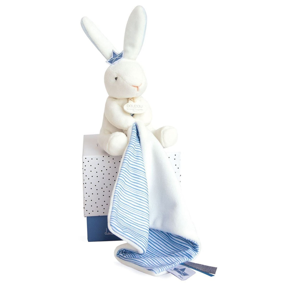Doudou Neonato Nascita Coniglietto Bianco Celeste 15 cm