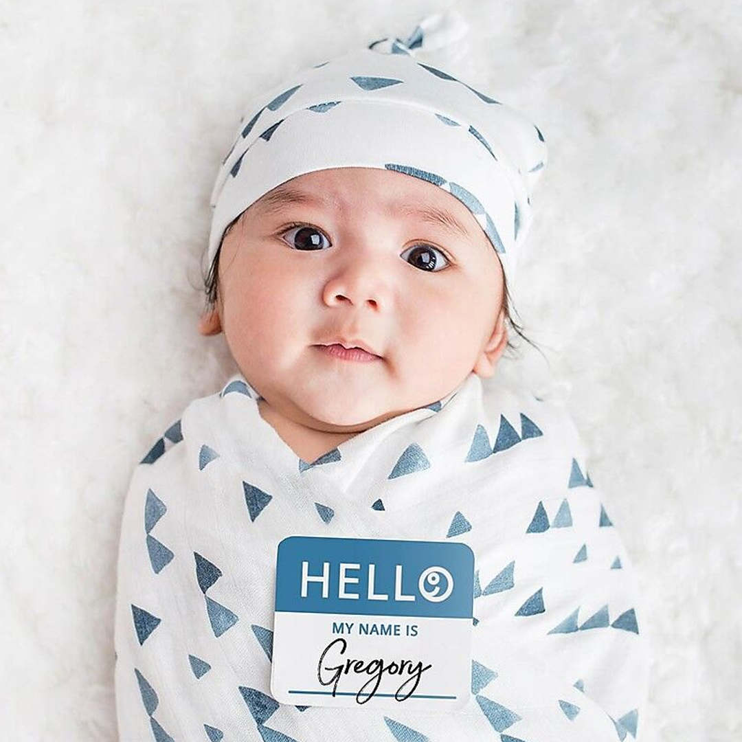 SET HELLO WORLD - CAPPELLINO E MUSSOLA BAMBU' - TRIANGOLI BLU - LULUJO BABY 