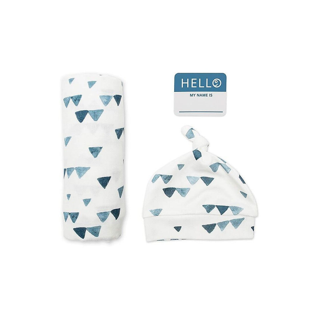 SET HELLO WORLD - CAPPELLINO E MUSSOLA BAMBU` - TRIANGOLI BLU - LULUJO BABY