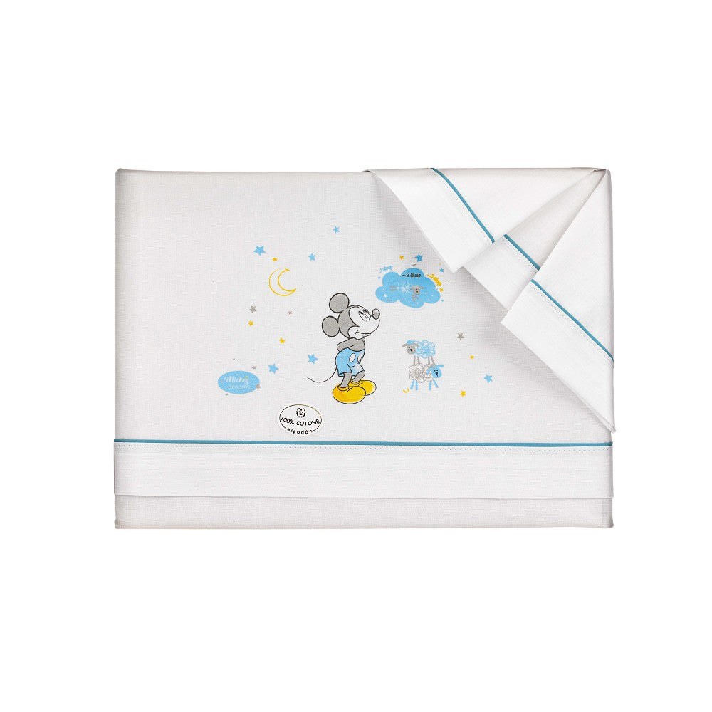 Completo Lenzuola Lettino con Sbarre in Cotone - Mickey Mouse - Topolino - 60x120 cm