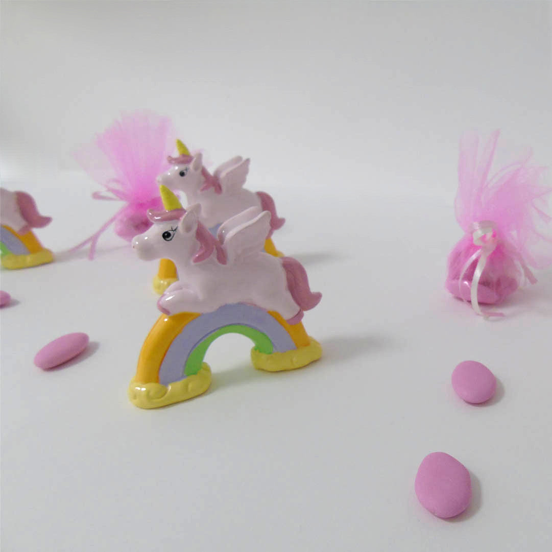 BOMBONIERA NASCITA BATTESIMO UNICORNO SU ARCOBALENO BAMBINA ROSA