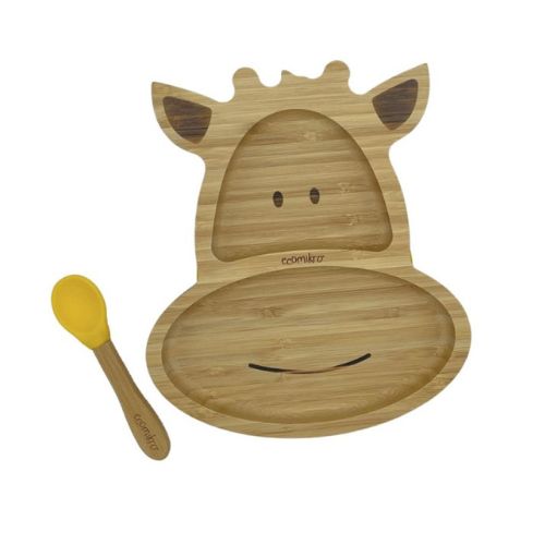 Piatto in Bamboo con Ventosa e Cucchiaio - Giraffa Giallo