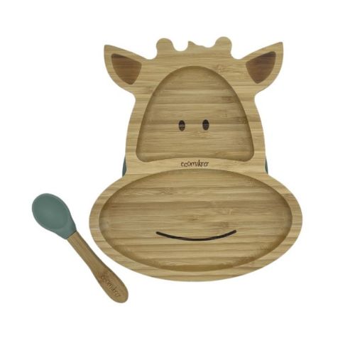 Piatto in Bamboo con Ventosa e Cucchiaio - Giraffa Verde