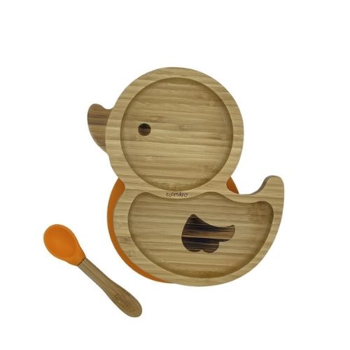 Piatto in Bamboo con Ventosa e Cucchiaio - Papera Arancio