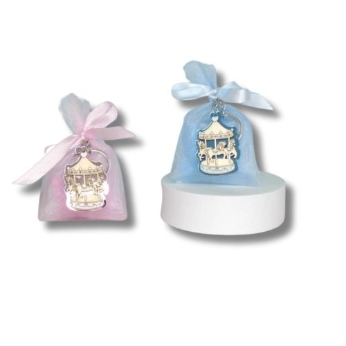 Sacchettino Bomboniera Nascita Battesimo con Portachiavi Giostrina