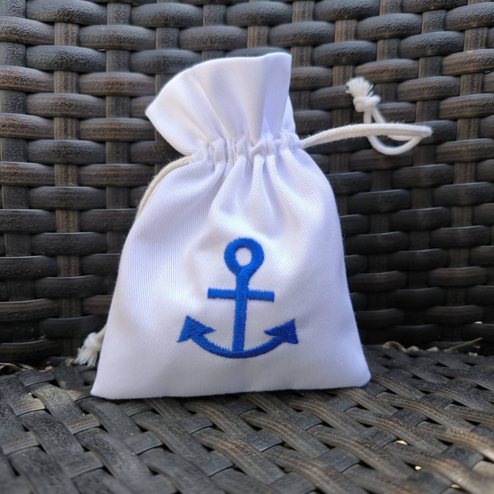 Bomboniera Sacchettino Porta Confetti Battessimo - Bianco Ricamato Tema Mare - Ancora