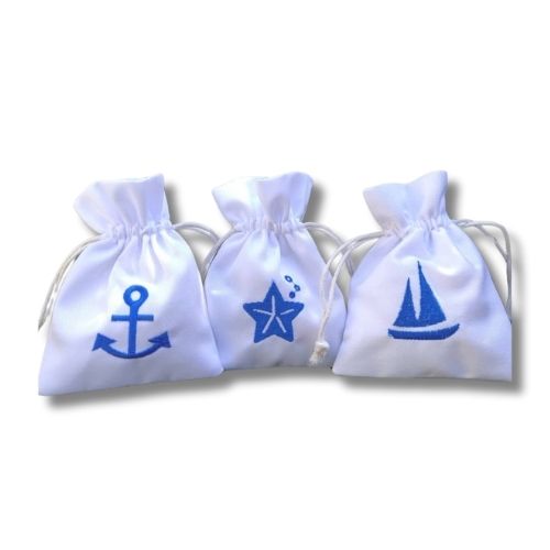 Bomboniera Sacchettino Porta Confetti Battessimo - Bianco Ricamato Tema Mare