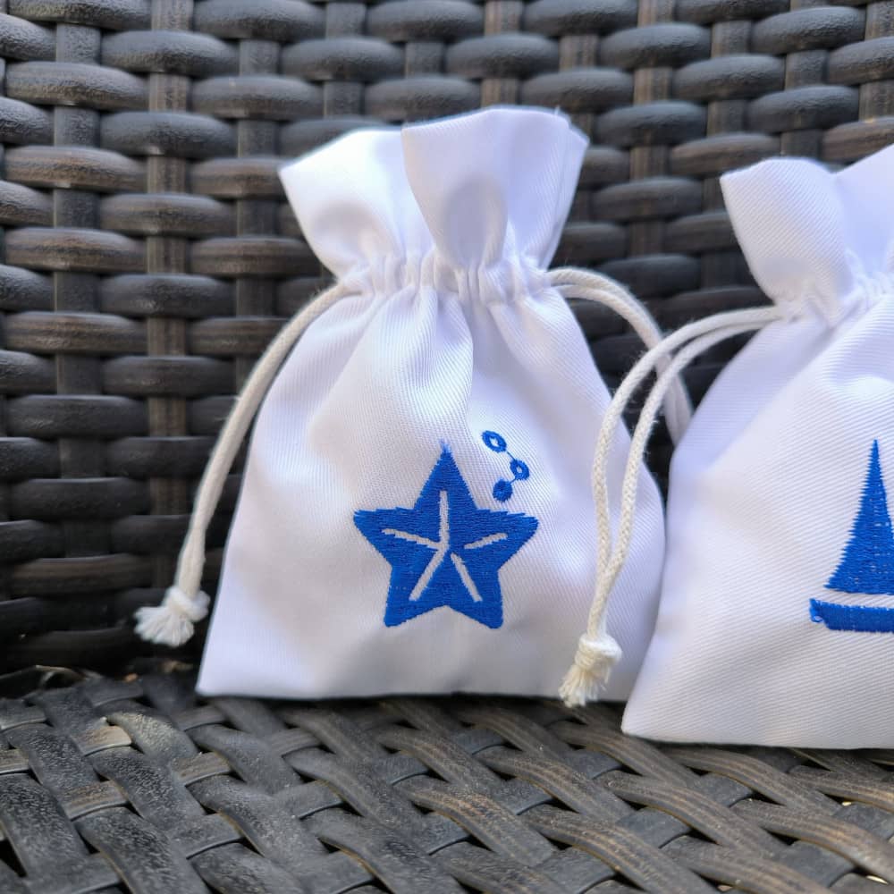 Bomboniera Sacchettino Porta Confetti Battessimo - Bianco Ricamato Tema Mare - Stella