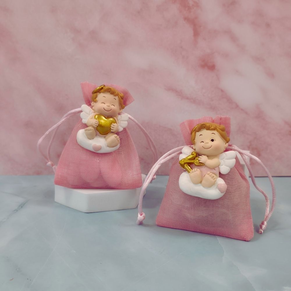 Sacchettino bomboniera confetti Segnaposto con Magnete Angelo Rosa Oro