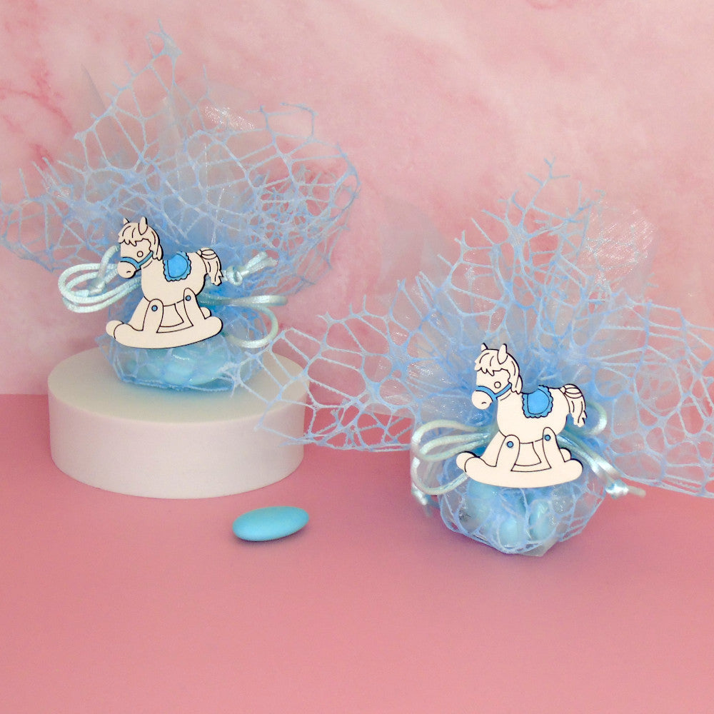 Sacchettino Confetti Segnaposto Bomboniera Nascita e Battesimo - Cavallo a dondolo 