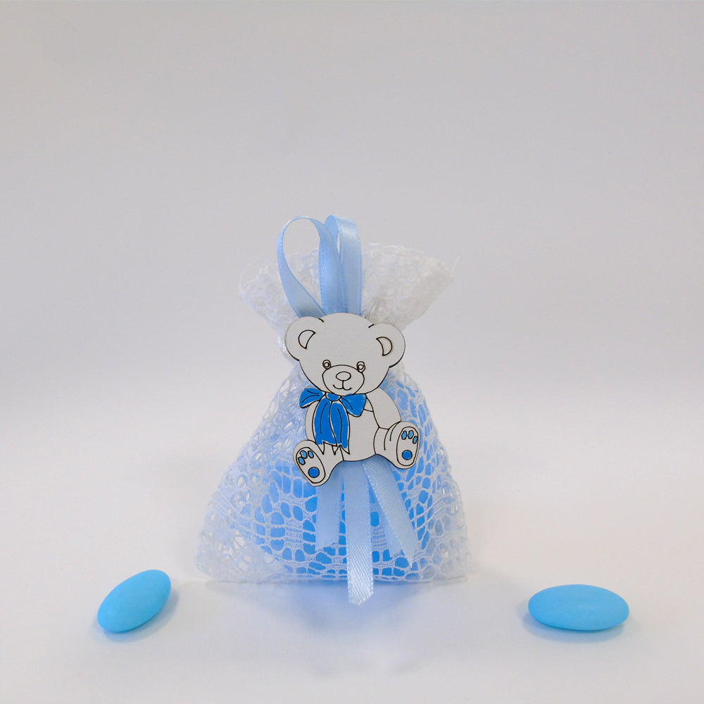 SACCHETTINO CONFETTI SEGNAPOSTO BOMBONIERA NASCITA BATTESIMO ORSETTO