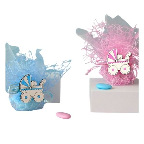 SACCHETTINO CONFETTI SEGNAPOSTO BOMBONIERA NASCITA BATTESIMO CARROZZINA RETE