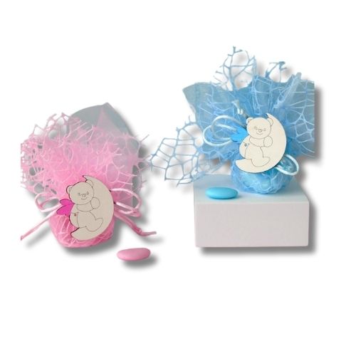 Sacchettino Confetti Segnaposto Bomboniera Nascita Battesimo Orsetto Luna Rete