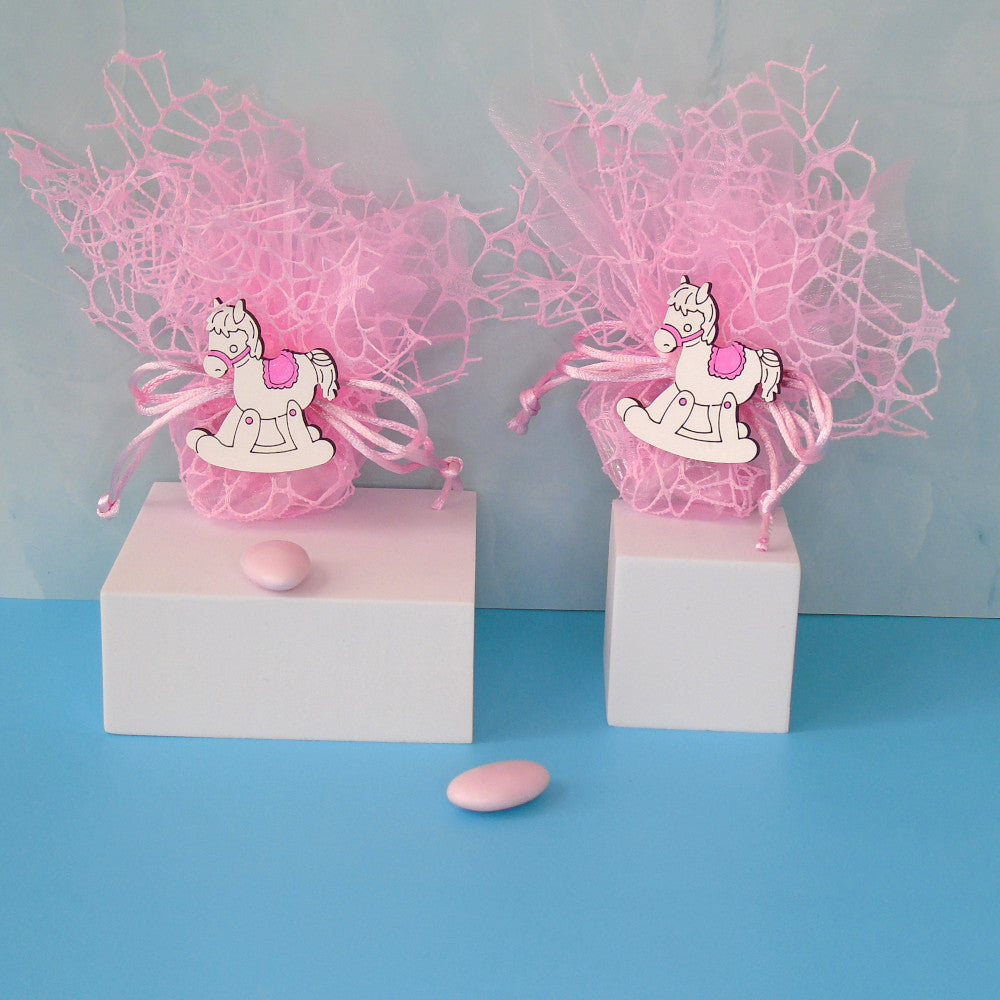 Sacchettino Confetti Segnaposto Bomboniera Nascita e Battesimo - Cavallo a dondolo 