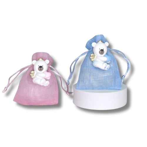 Sacchettino Bomboniera Segnaposto Nascita Battesimo Orsetto Ali Dorate