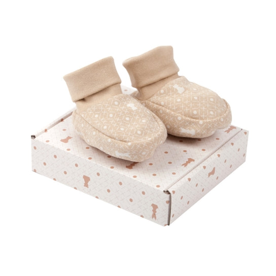 SCARPINE BABBUCCE NEONATO IN COTONE BIOLOGICO STAMPATO BEIGE - Nene Shop