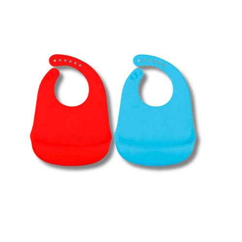 Set 2 Bavaglini Impermeabile con Tasca Rosso Azzurro - 100% Silicone Alimentare 