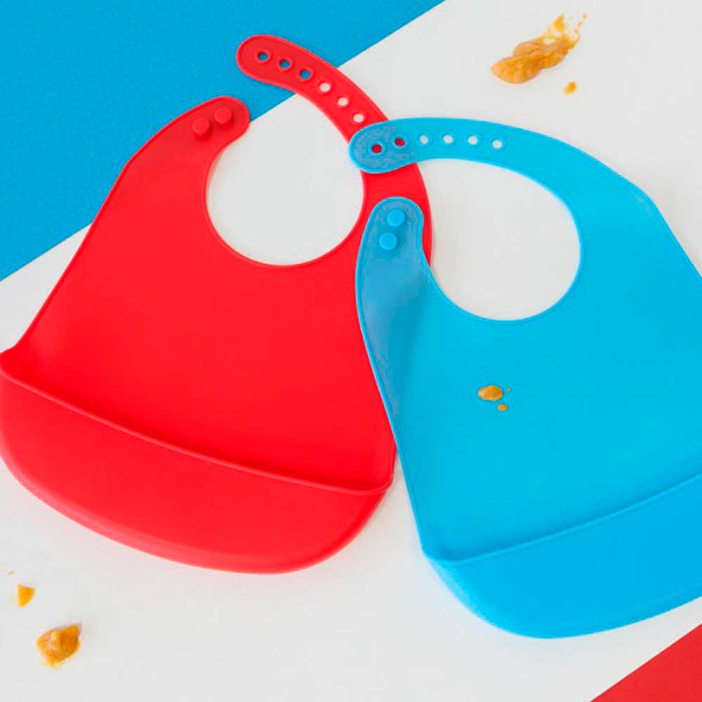 Set 2 Bavaglini Impermeabile con Tasca Rosso Azzurro - 100% Silicone Alimentare 