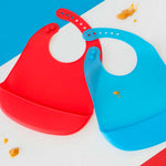 Set 2 Bavaglini Impermeabile con Tasca Rosso Azzurro - 100% Silicone Alimentare 