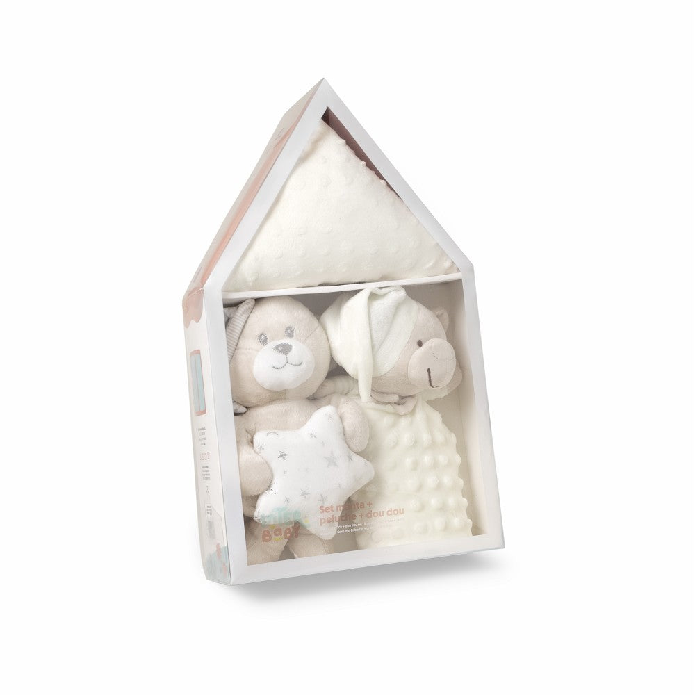 Set Regalo Neonato Nascita Doudou + Copertina + Peluche Orsetto Beige - scatola regalo