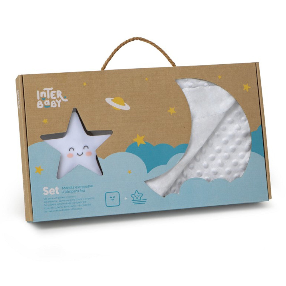 Set Regalo Nascita Copertina in pile con Lampada Led Stella Grigio - Scatola Regalo