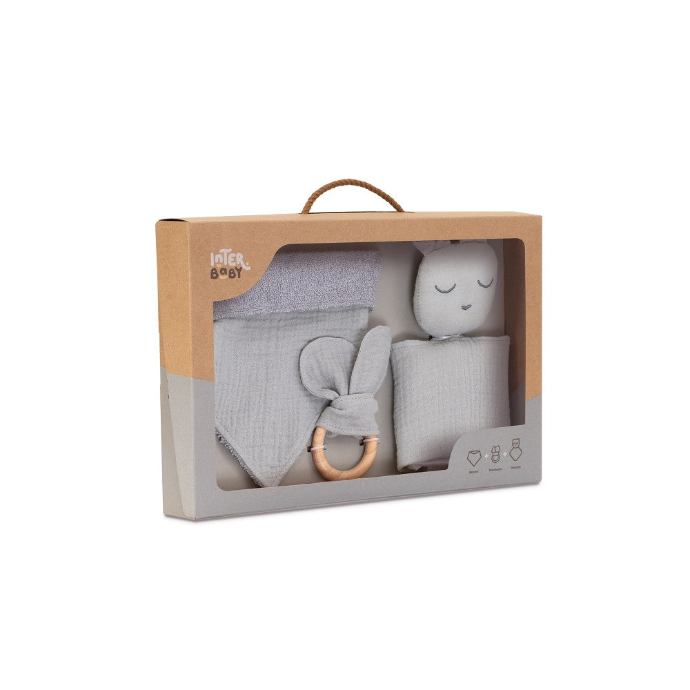 Set Regalo Neonato Bavaglino + Massaggia Gengive + Doudou Orsetto Grigio