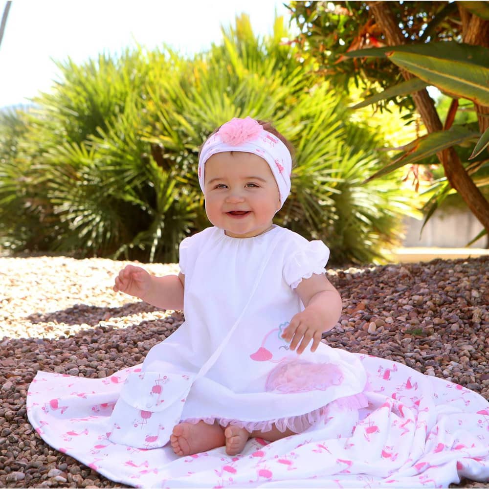 VESTITO BAMBINA NEONATA ESTIVO IN COTONE "CIGNO" - indossato