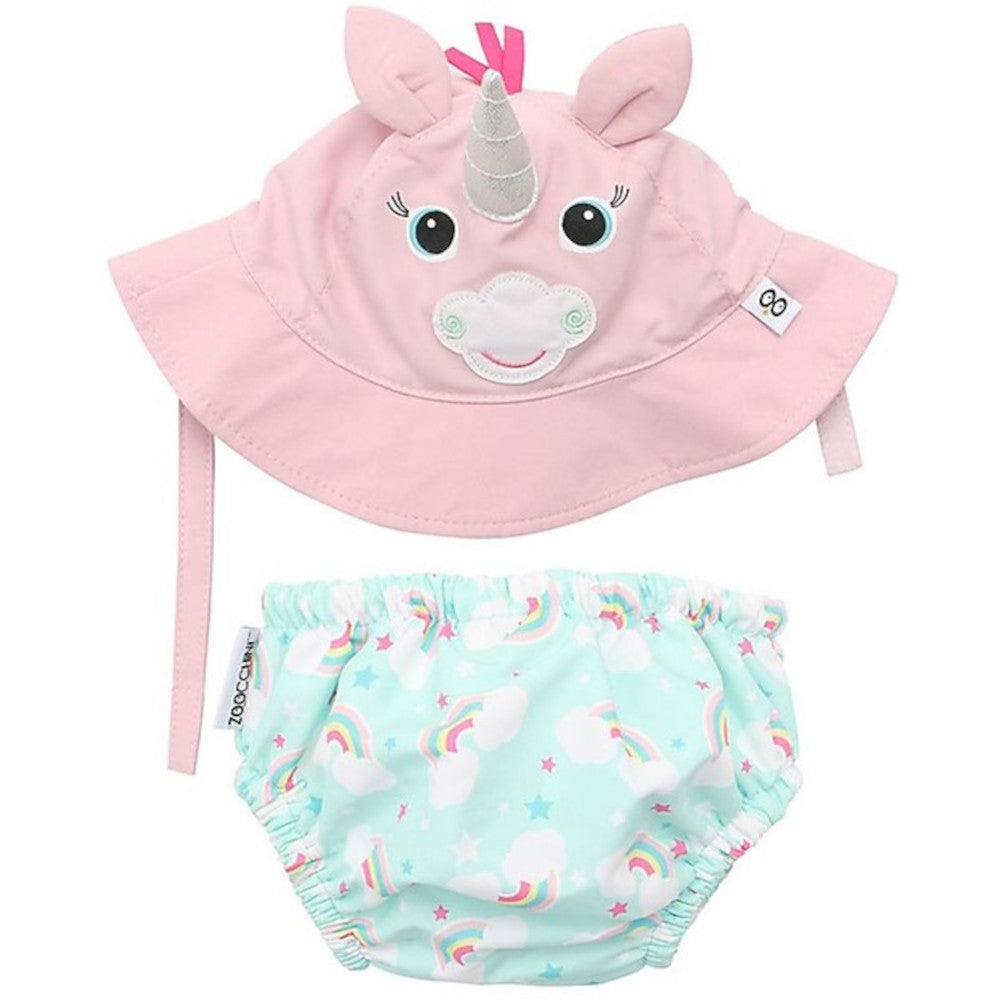 KIT MARE NEONATO COSTUMINO CONTENITIVO + CAPPELLINO, UNICORNO  - SPF50+