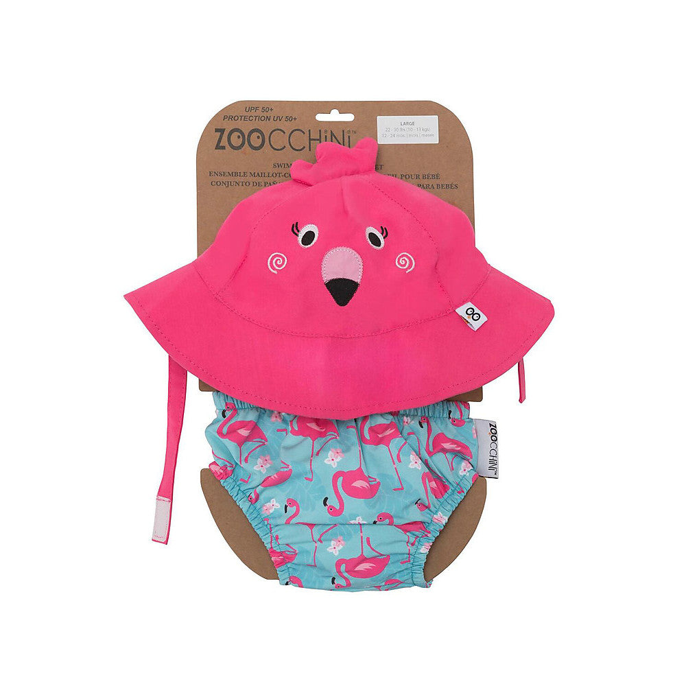 KIT MARE NEONATO COSTUMINO CONTENITIVO + CAPPELLINO, FENICOTTERO - SPF50+