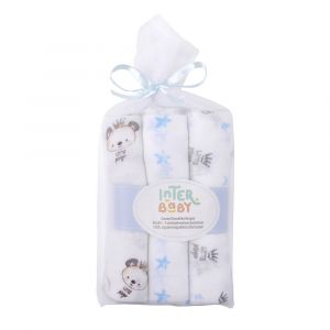 SET 3 COPERTINE NEONATO IN MUSSOLA DI COTONE 80X80 CM - ORSO CELESTE