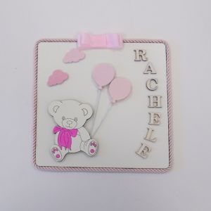 FIOCCO QUADRETTO NASCITA CON - ORSETTO CON PALLONCINI - CON NOME IN LEGNO PER BIMBO E BIMBA