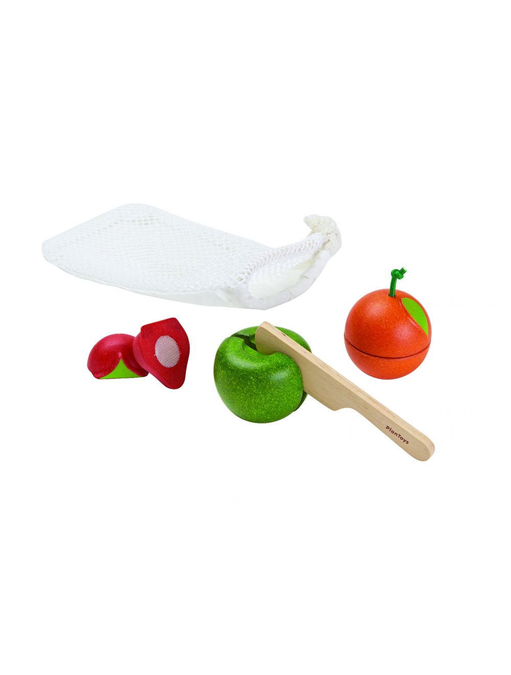 PLAN TOYS - FRUTTA DA TAGLIARE CON COLTELLO E SACCHETTO DI COTONE