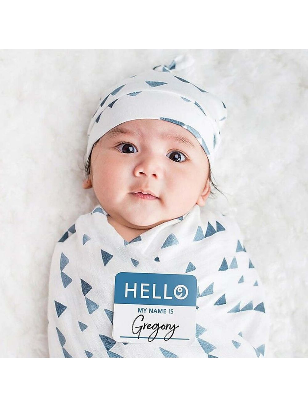 SET HELLO WORLD CAPPELLINO E MUSSOLA BAMBU TRIANGOLI BLU